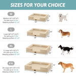 Dog bed size chart with measurements and corresponding dog sizes