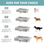 Dog bed size chart with measurements and suggested pet weight for each size.