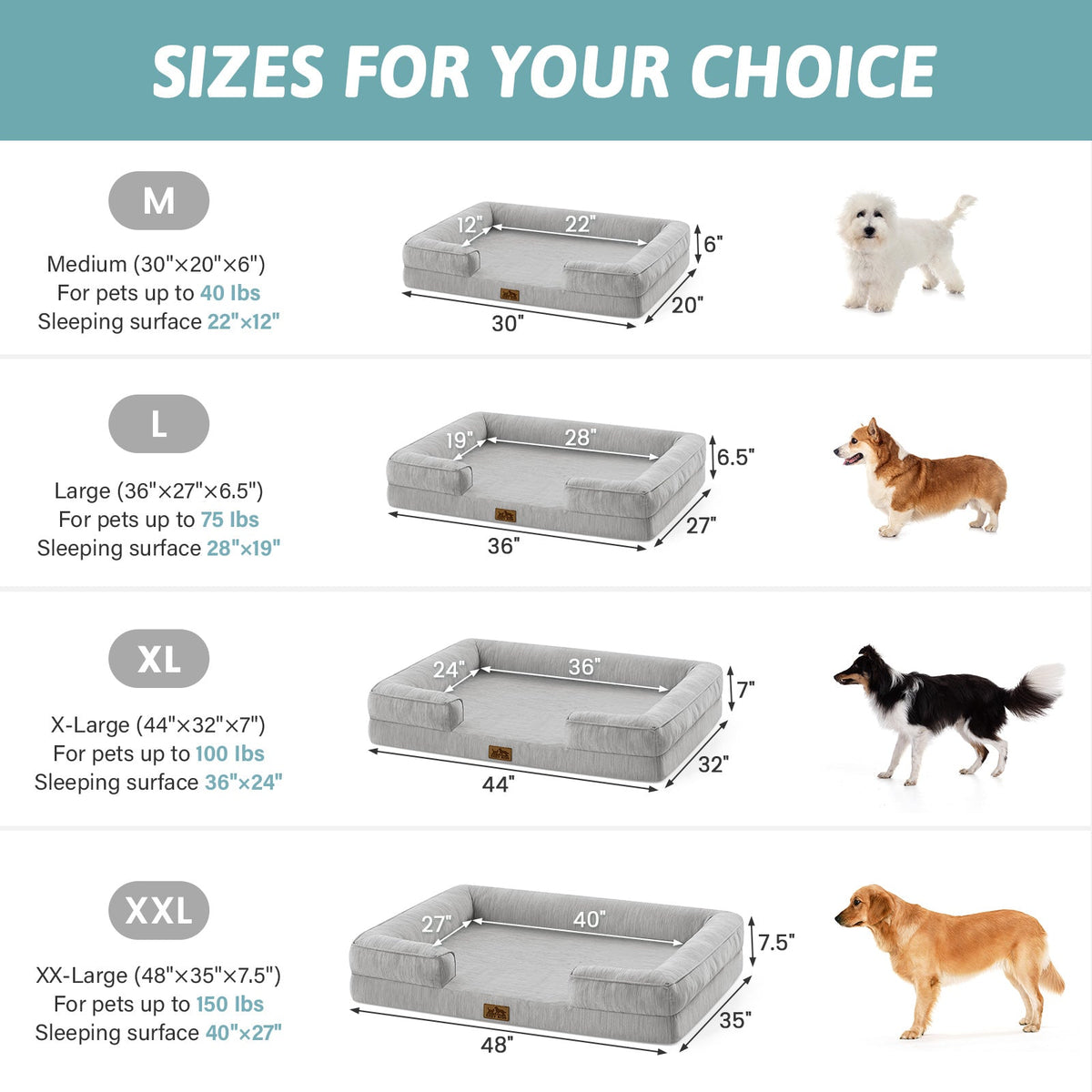 Dog bed size chart with measurements and suggested pet weight for each size.