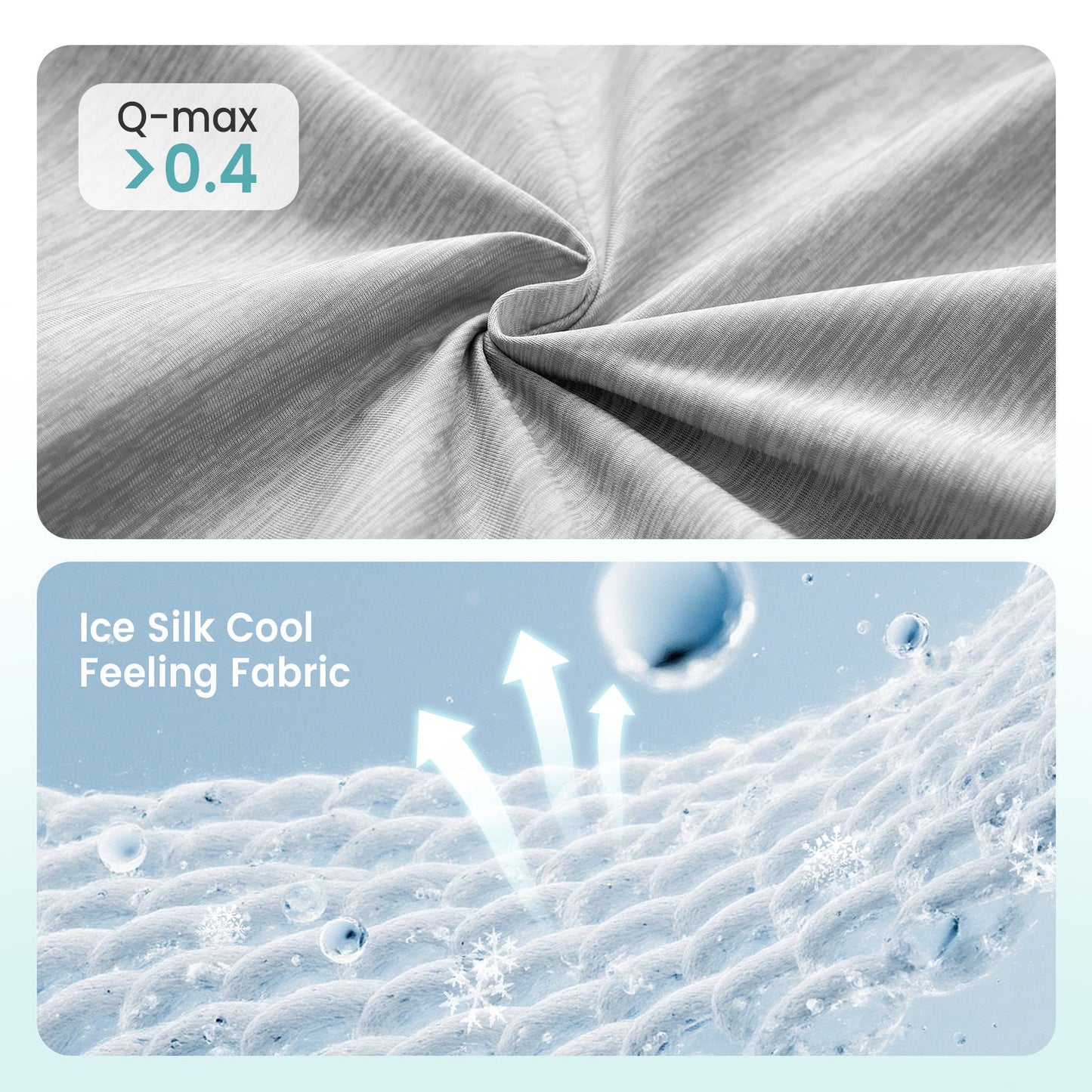 Textured fabric with 'Q-max > 0.4' and 'Ice Silk Cool Feeling Fabric' text, showing close-up of fabric texture. #color_Grey