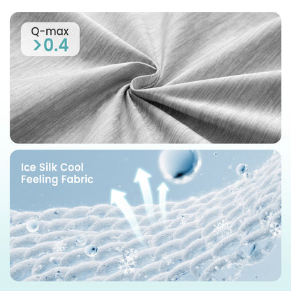 Textured fabric with 'Q-max > 0.4' and 'Ice Silk Cool Feeling Fabric' text, showing close-up of fabric texture. #color_Grey
