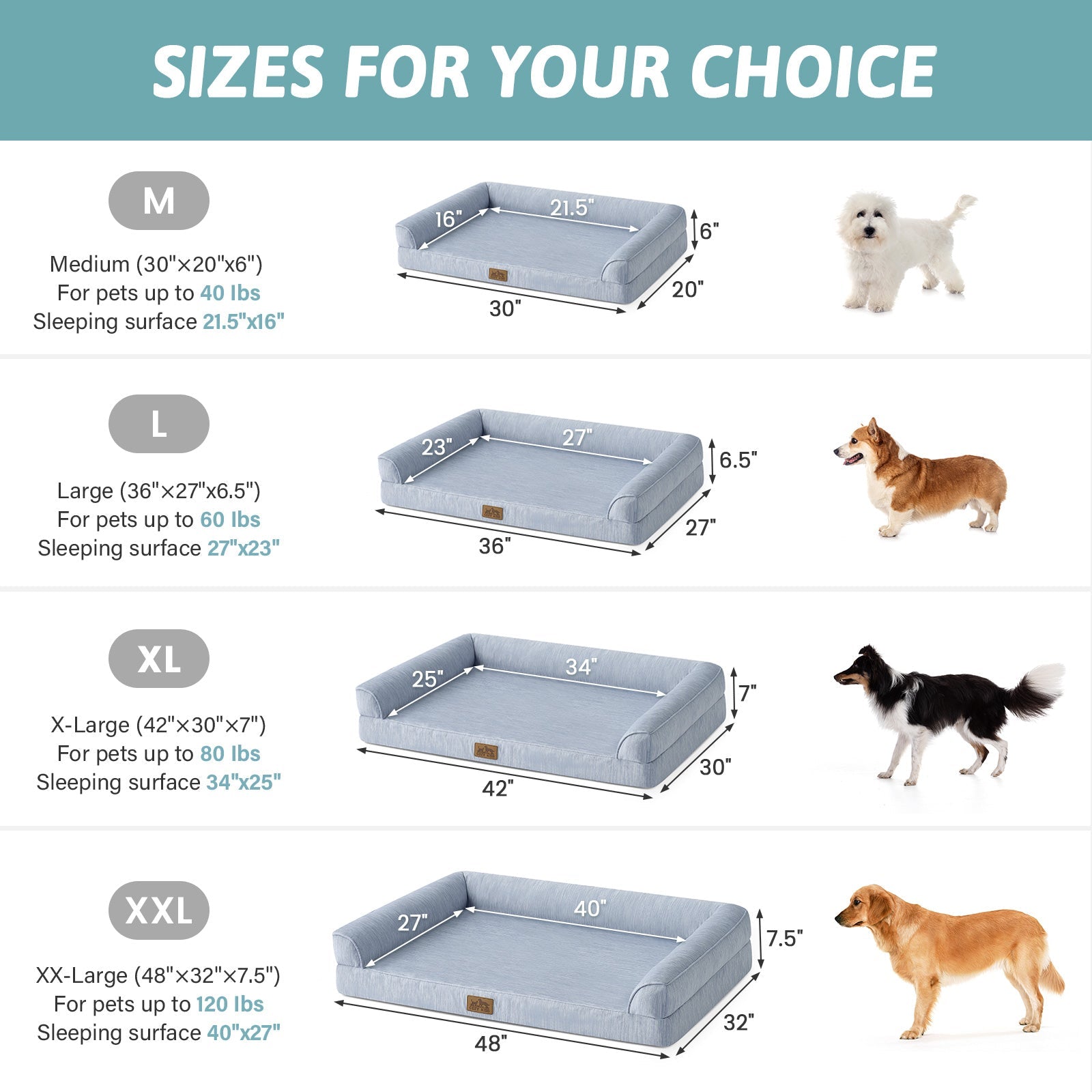 Dog bed size chart with measurements and corresponding dog breeds for each size.#color_Sky Blue