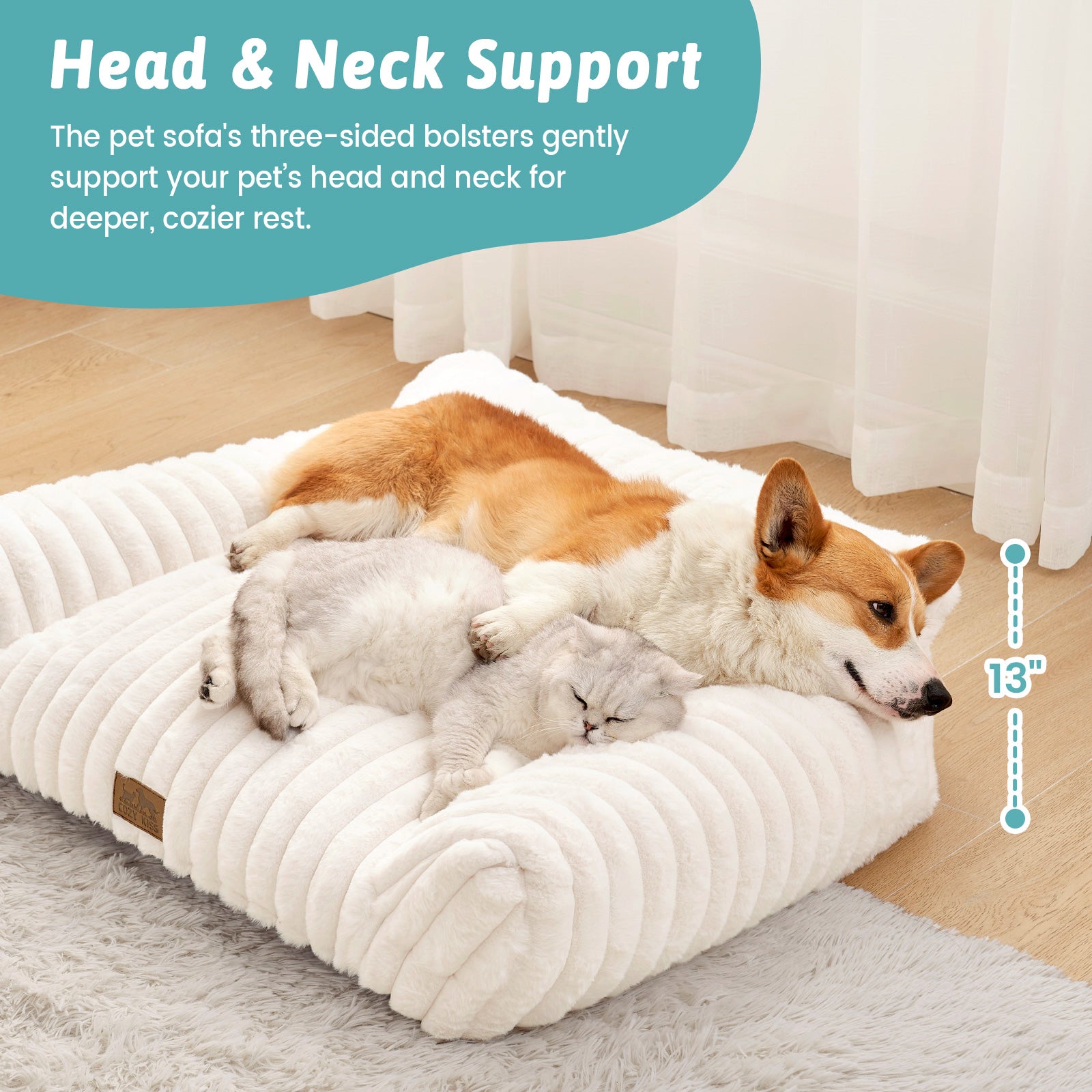 Cozy Kiss Ultra Soft Plush Striped Faux Pet Sofa Bed head and neck support dog sofa bed with bolsters #color_Cream