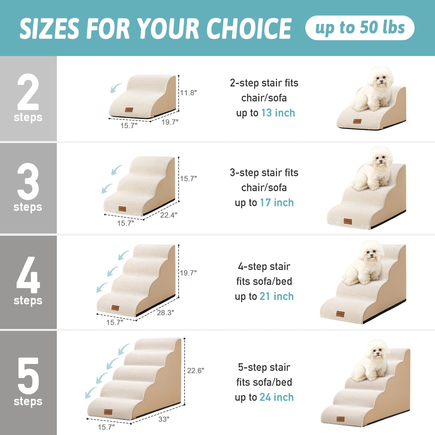 Size comparison chart for Cozy Kiss Joint-Friendly Curved Pet Stairs #color_Beige