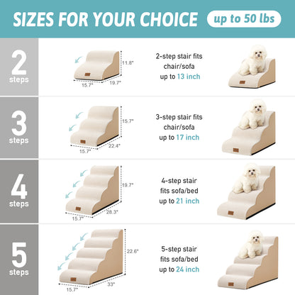 Size comparison chart for Cozy Kiss Joint-Friendly Curved Pet Stairs #color_Beige