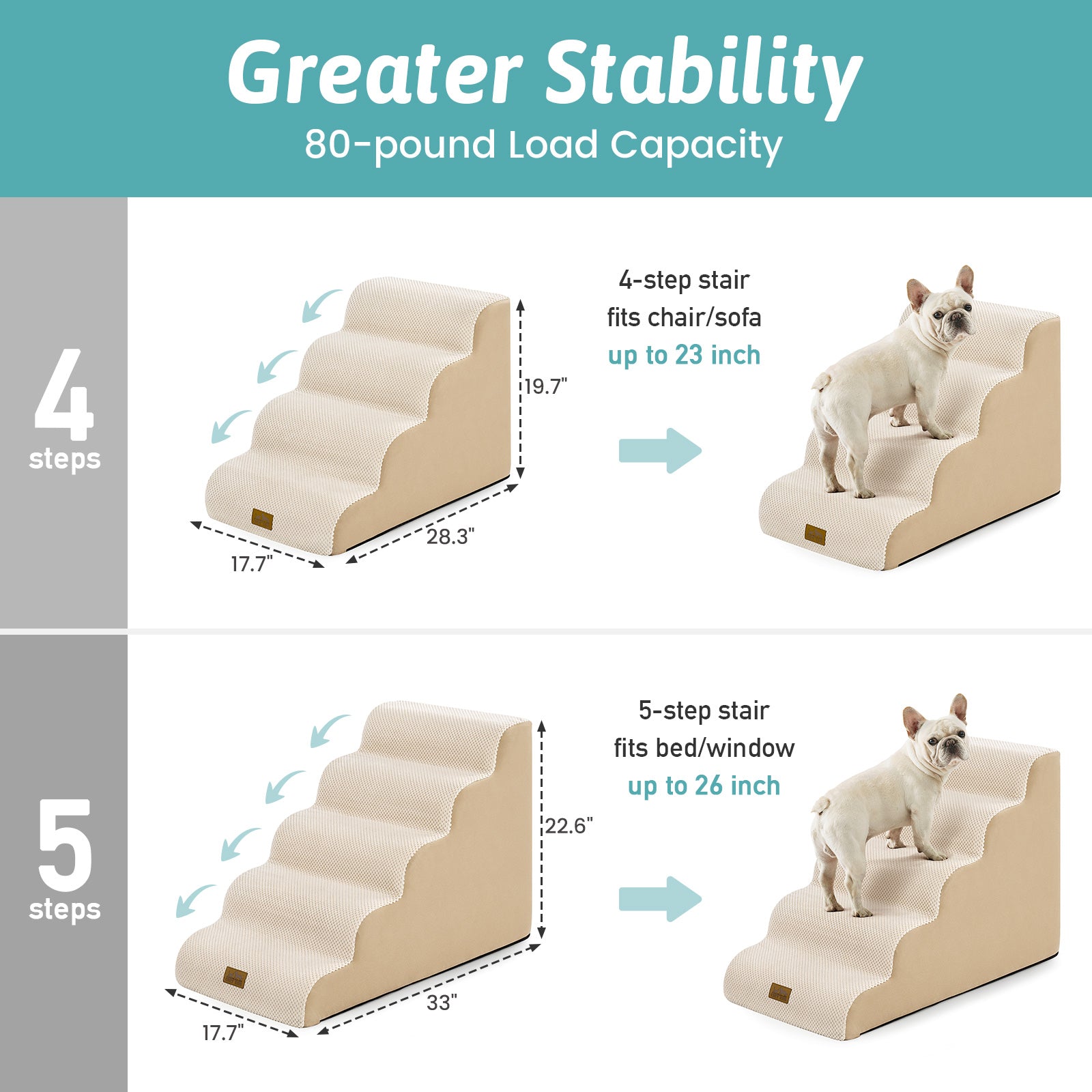 Cozy Kiss 4-Step Extra Wide Curved Pet Stairs with greater stability and 80-pound load capacity #color_Beige