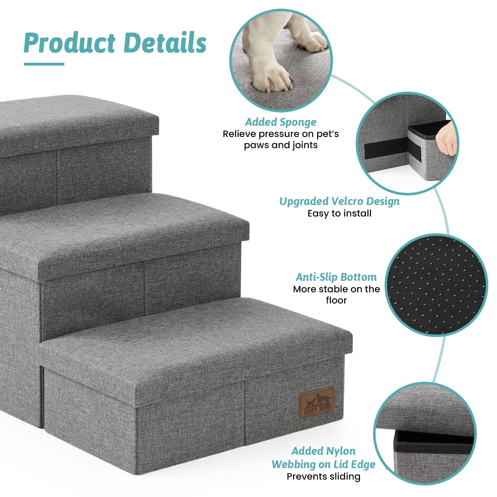 Cozy Kiss storage stairs with anti-slip base and joint-supporting sponge padding #color_Grey