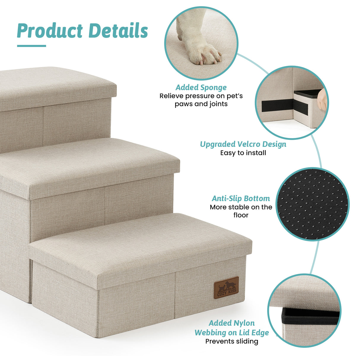 Cozy Kiss storage stairs with anti-slip base and joint-supporting sponge padding 