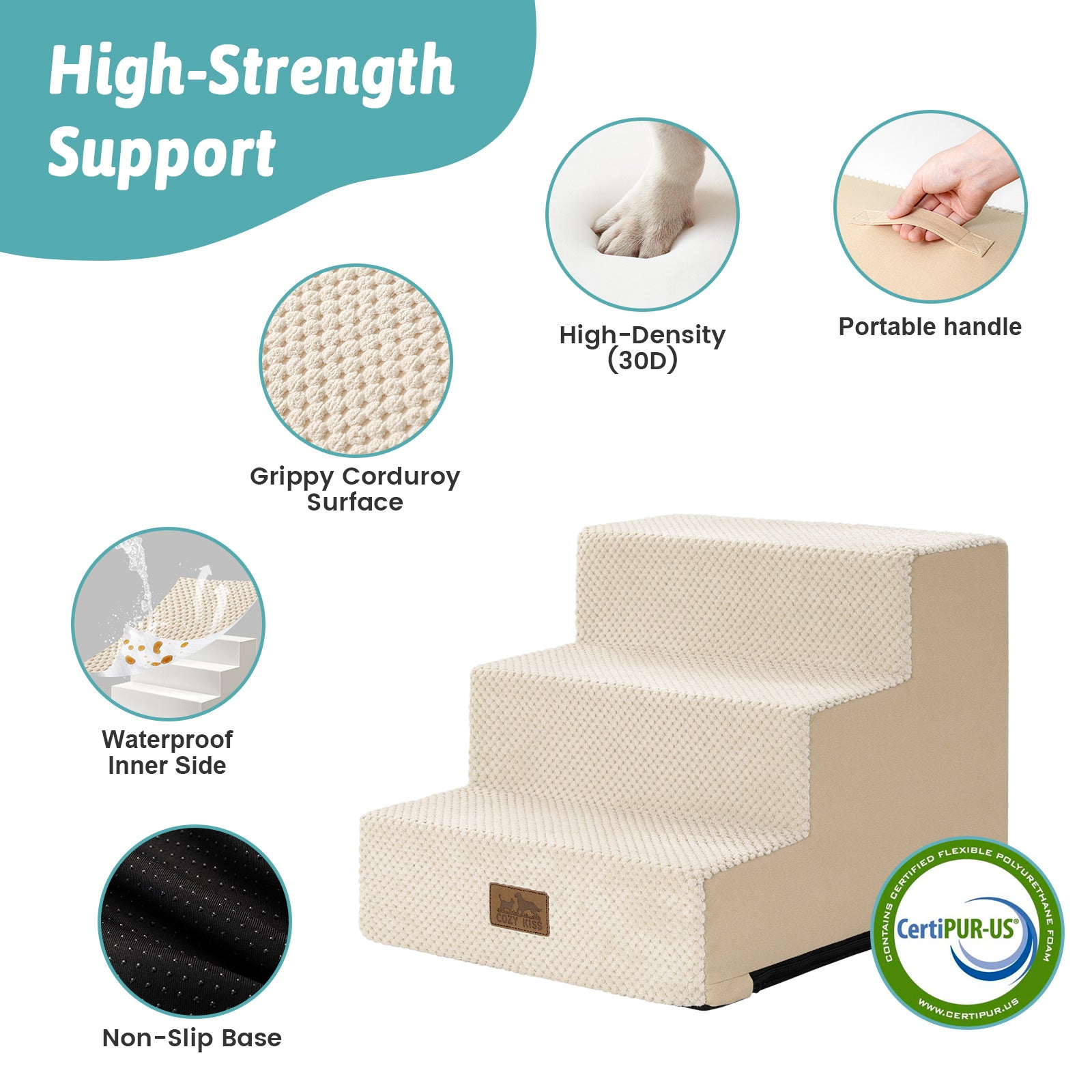 Cozy Kiss 3-Step Non-Slip Right-Angle Pet Stairs featuring high-density foam support #color_Beige