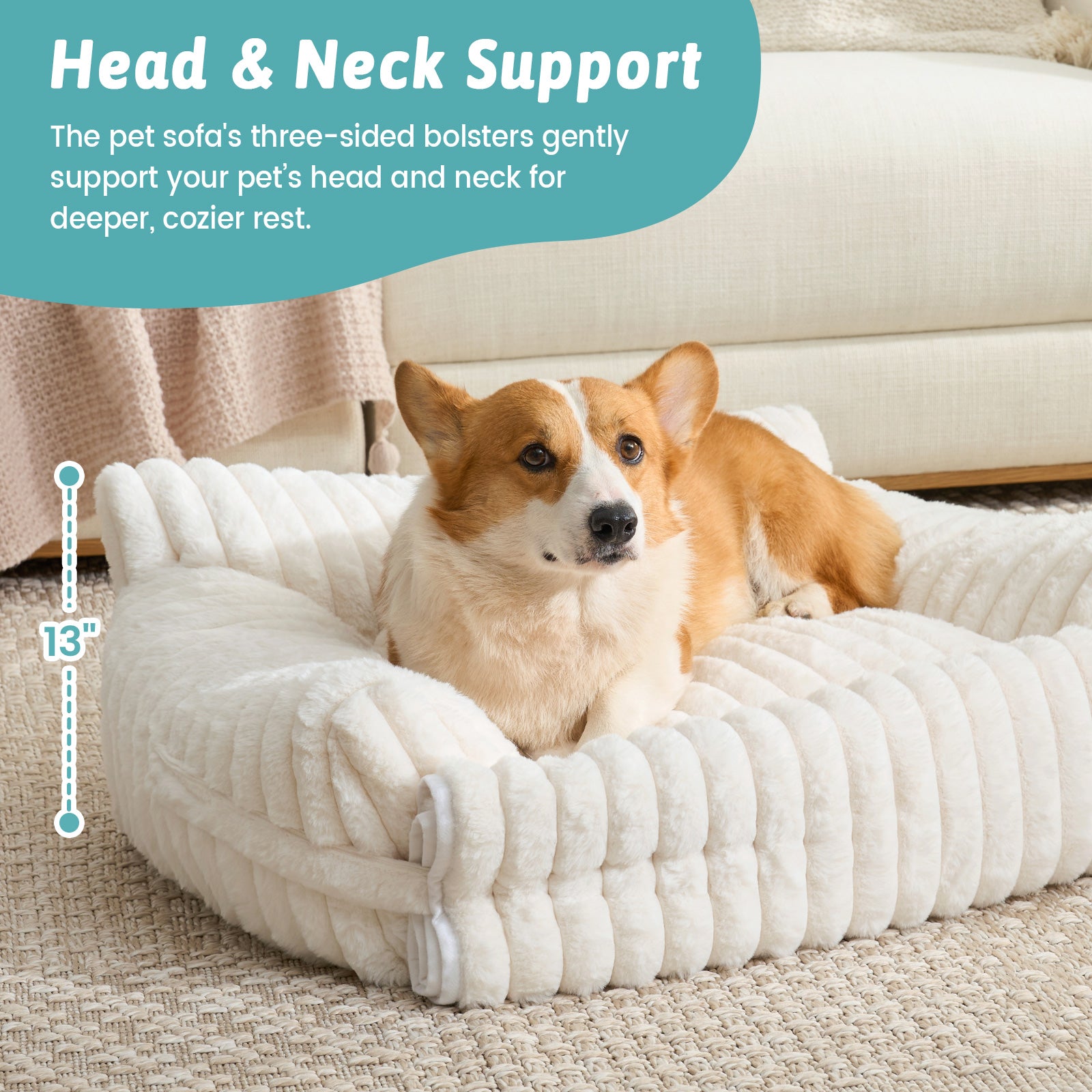 Cozy Kiss Multi-Functional Striped Faux Pet Sofa Bed head and neck support for dogs #color_Beige
