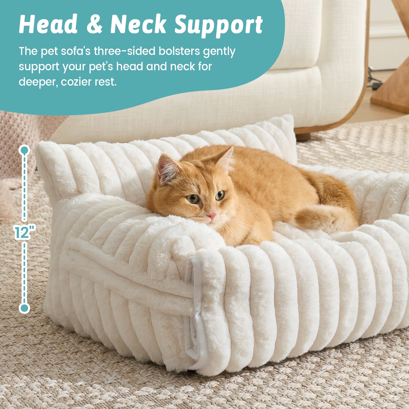 Cozy Kiss Multi-Functional Striped Faux Pet Sofa Bed head and neck support for cats #color_Beige