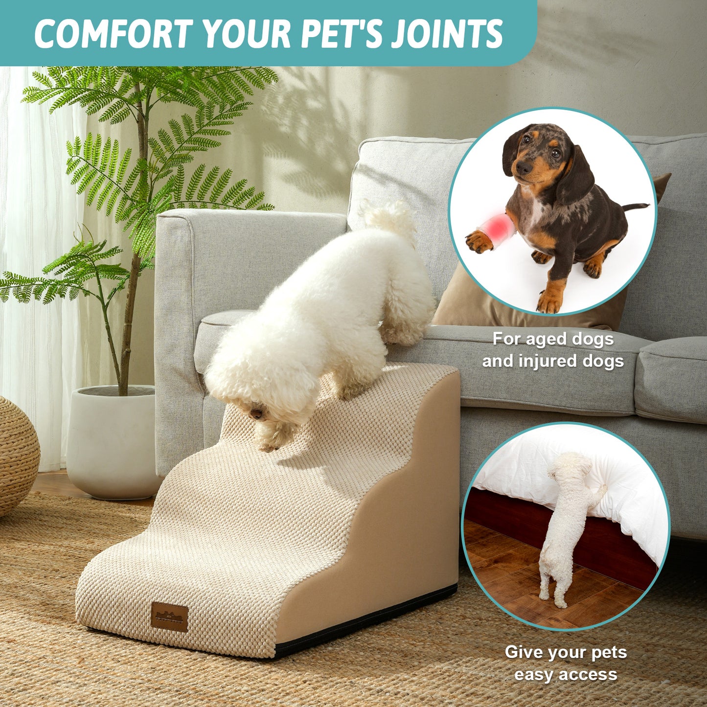 Lifestyle image of Cozy Kiss curved pet stairs supporting safer access for senior, injured, and small dogs while reducing joint stress #color_Beige