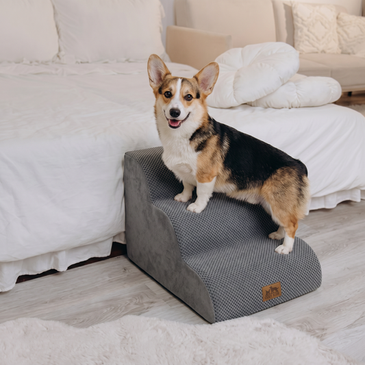 Cozy Kiss 3-Step Extra Wide Curved Pet Stairs beside bed for safe pet access #color_Grey