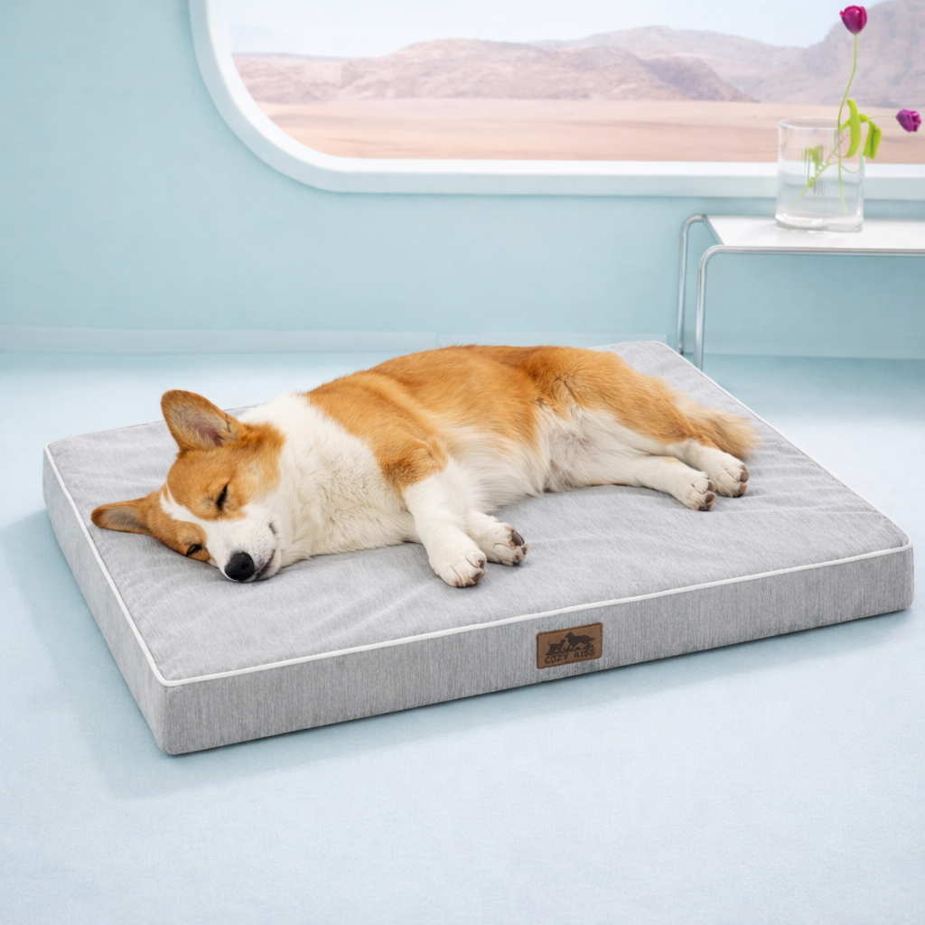 Dog sleeping on a gray cooling pet bed in a light blue room with a window in the background.