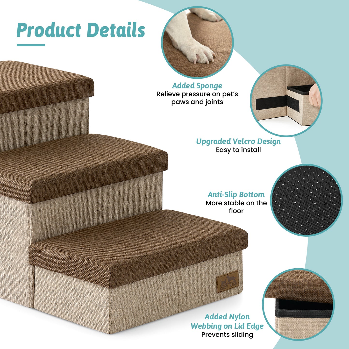 Cozy Kiss 3-Step Storage Pet Stairs with Play Condo product details and anti-slip design #color_Brown