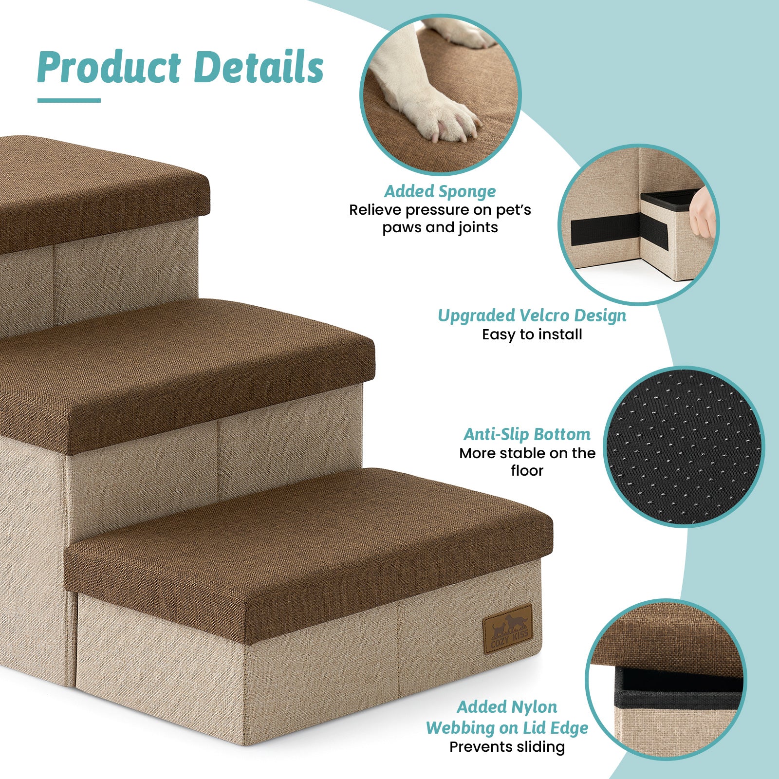 Cozy Kiss 3-Step Storage Pet Stairs with Play Condo product details and anti-slip design #color_Brown