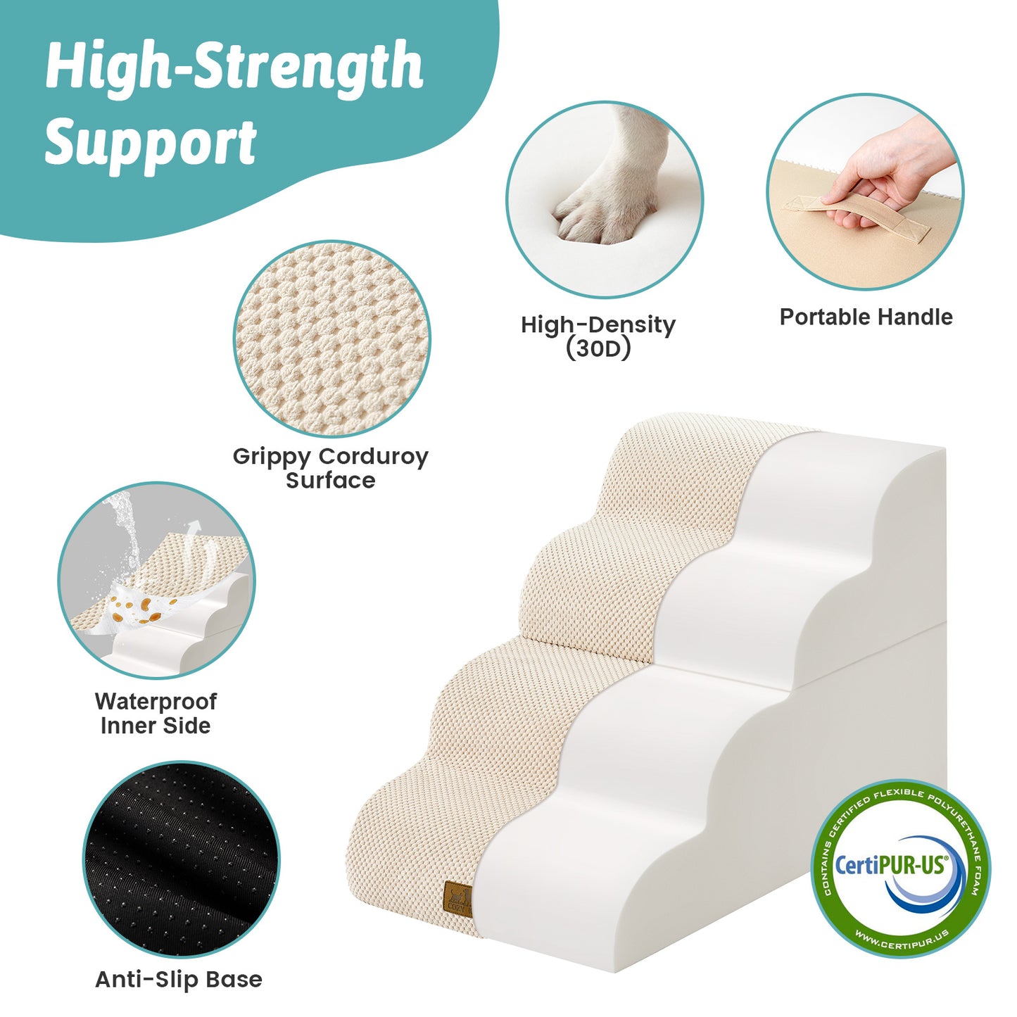 Cozy Kiss pet stairs with CertiPUR-US foam, anti-slip base, and waterproof layer #color_Beige