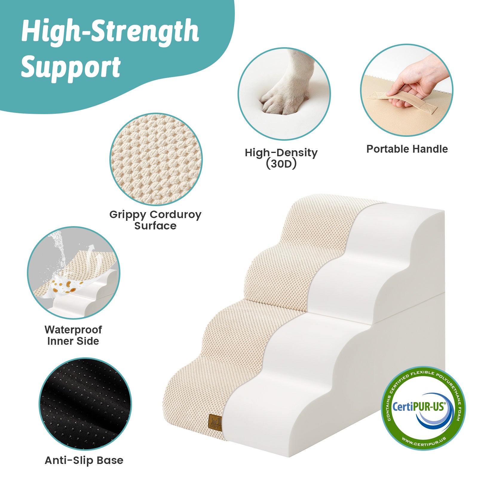 Cozy Kiss pet stairs with CertiPUR-US foam, anti-slip base, and waterproof layer #color_Beige