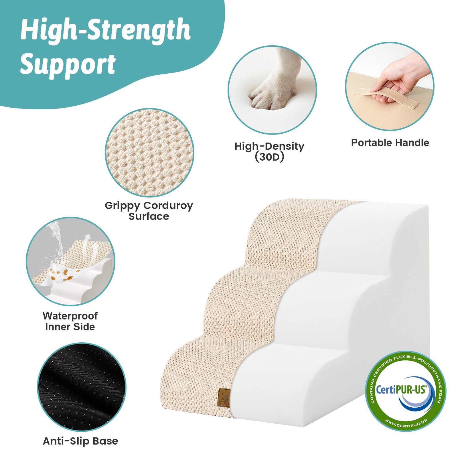 Product feature overview of Cozy Kiss pet stairs with CertiPUR-US certified foam, anti-slip base, waterproof liner, portable handle, and grippy corduroy surface #color_Beige