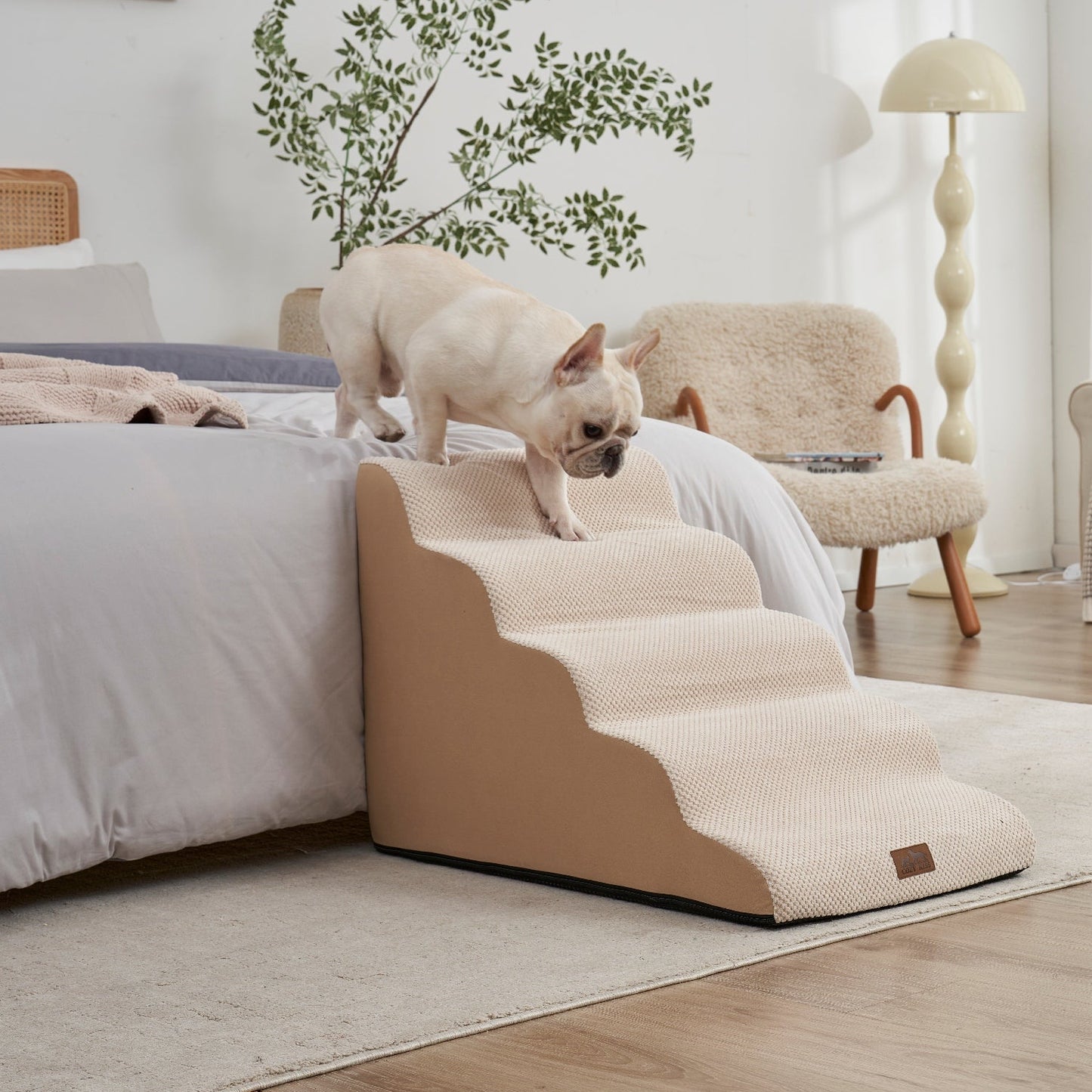 Cozy Kiss 5-Step Joint-Friendly Curved Pet Stairs with washable cover front view #color_Beige