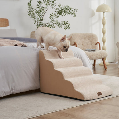 Cozy Kiss 5-Step Joint-Friendly Curved Pet Stairs with washable cover front view #color_Beige