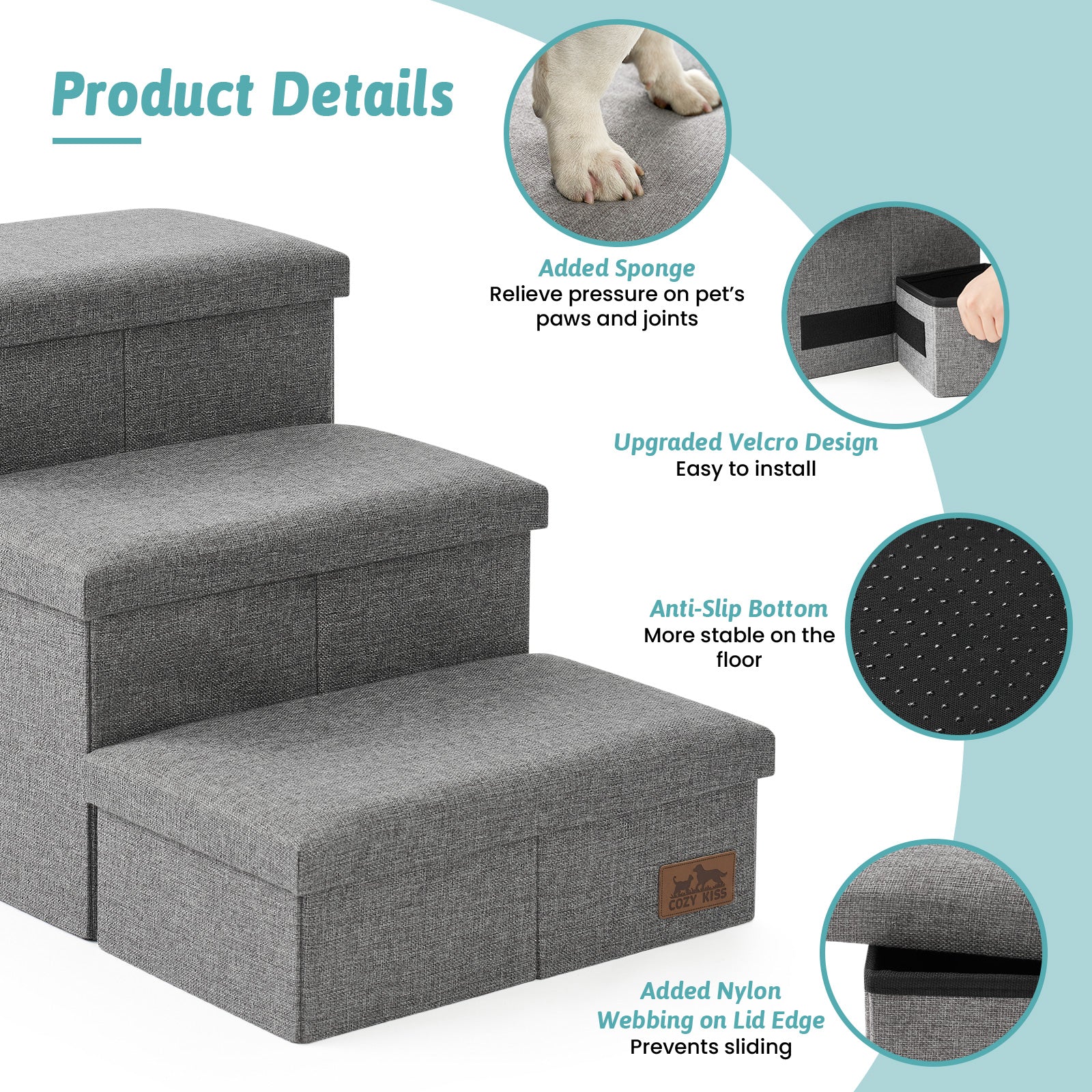 Cozy Kiss 3-Step Storage Pet Stairs with Play Condo product details and anti-slip design #color_Grey