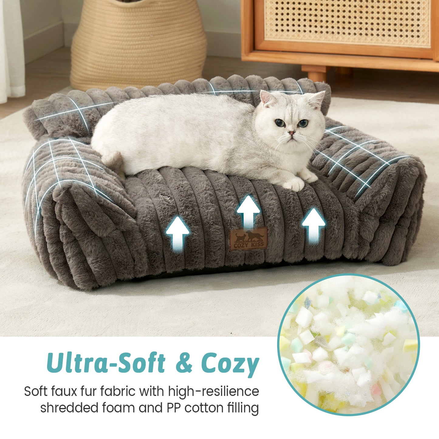 Cozy Kiss Ultra Soft Plush Striped Faux Pet Sofa Bed ultra soft faux fur pet sofa with supportive filling #color_Grey