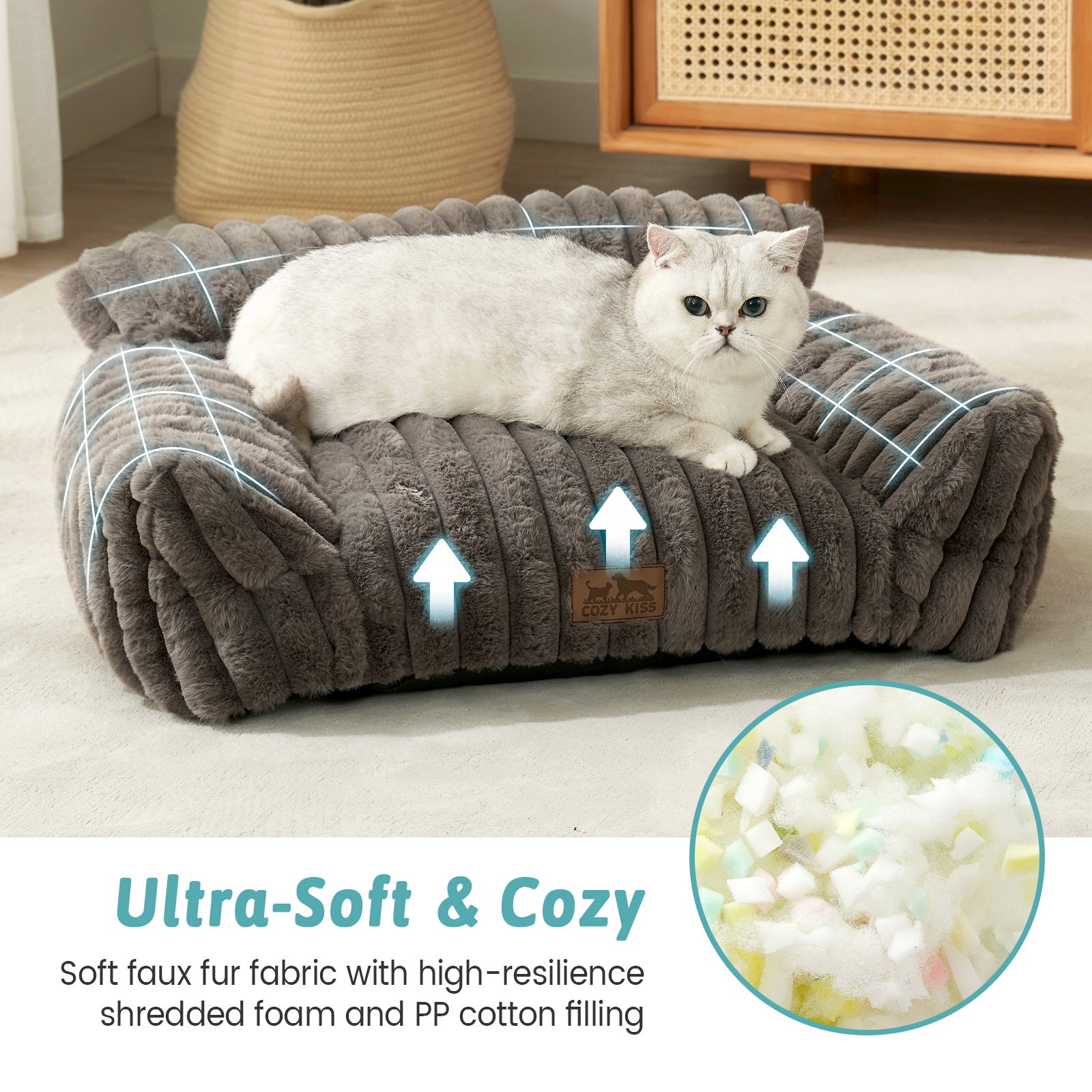 Cozy Kiss Ultra Soft Plush Striped Faux Pet Sofa Bed ultra soft faux fur pet sofa with supportive filling #color_Grey