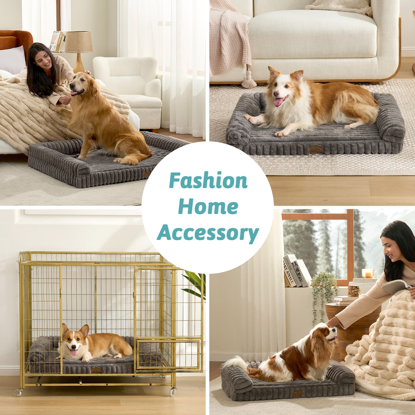Cozy Kiss Striped Faux U-Shaped Washable Dog Bed shown in home, crate and resting scenes. #color_Grey