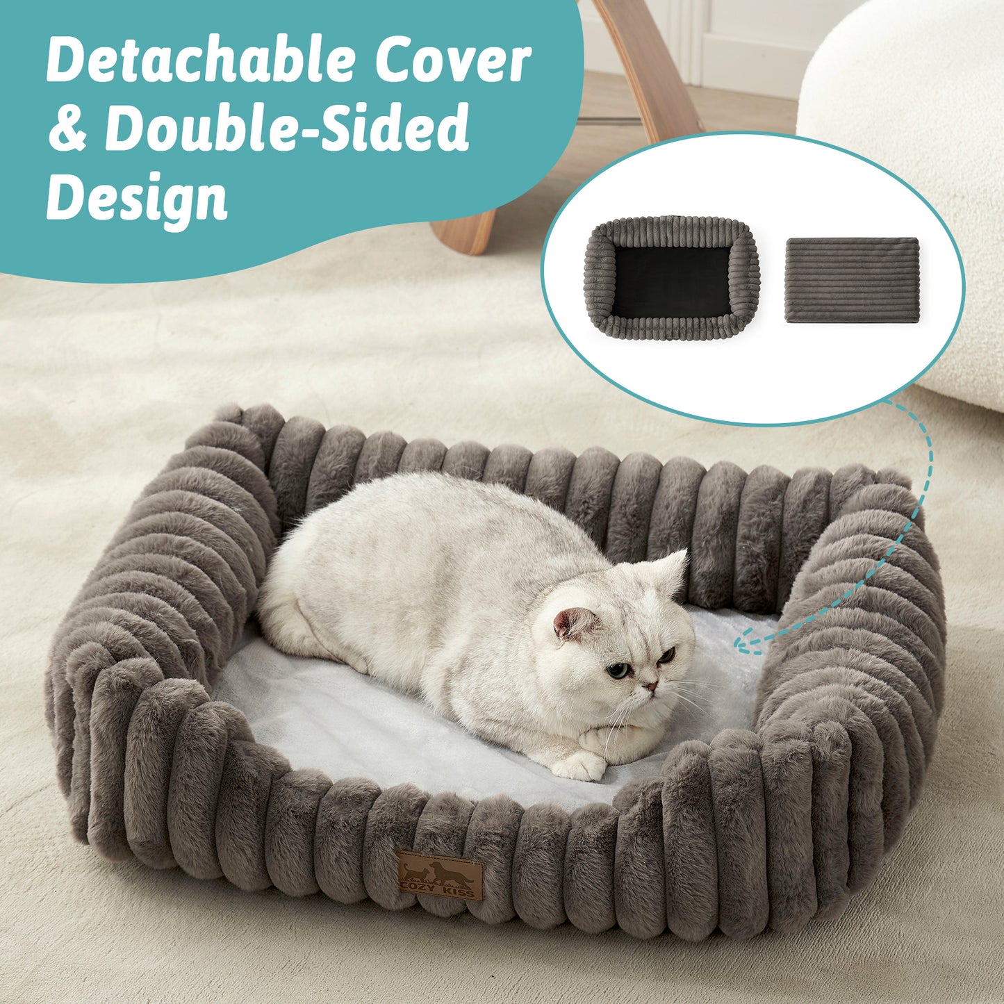 Cozy Kiss Striped Faux C-Shaped Washable Dog Bed removable cushion pet bed with double sided sleeping surface #color_Grey