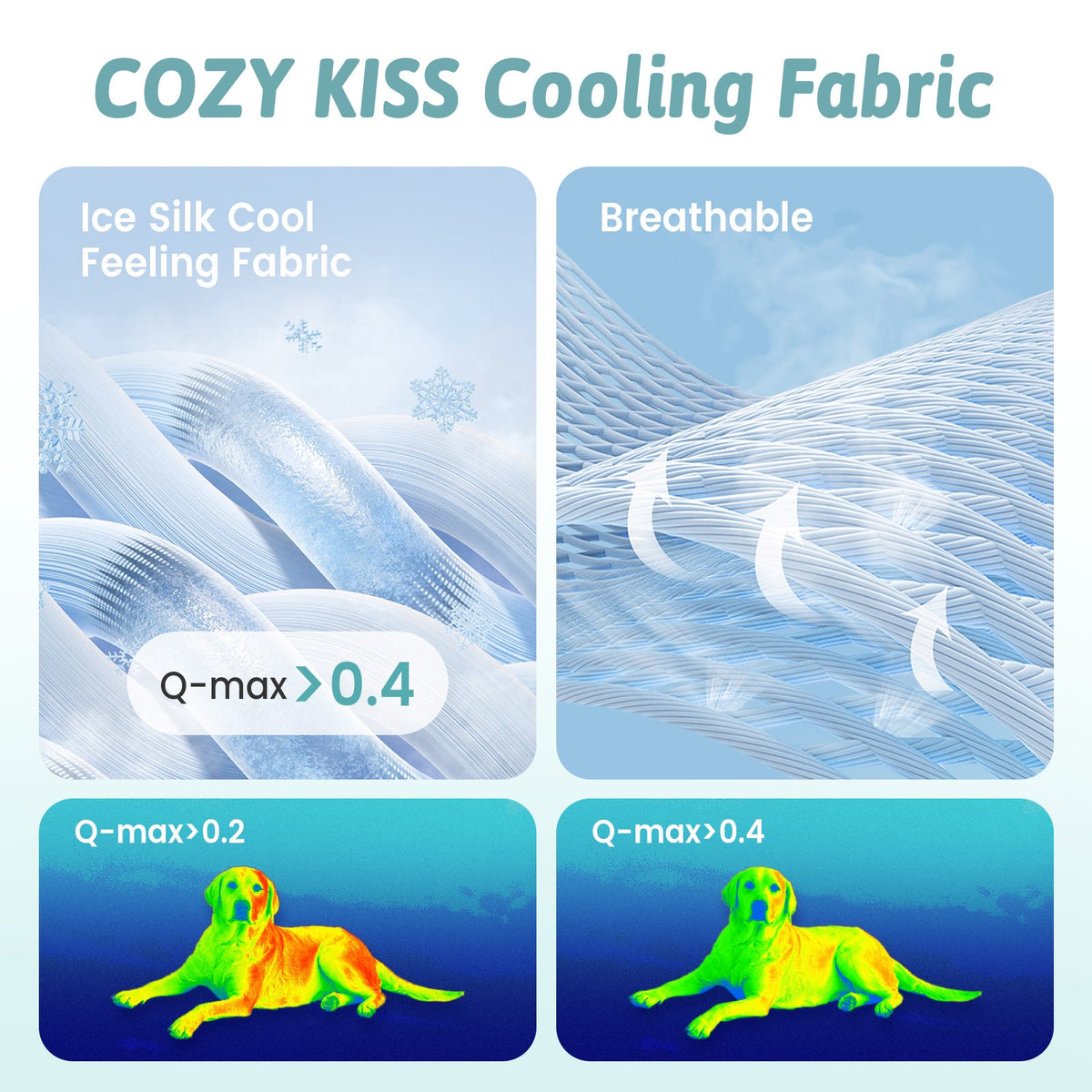 Advertisement for COZY KISS Cooling Fabric with text and images of fabric texture and cooling effects.