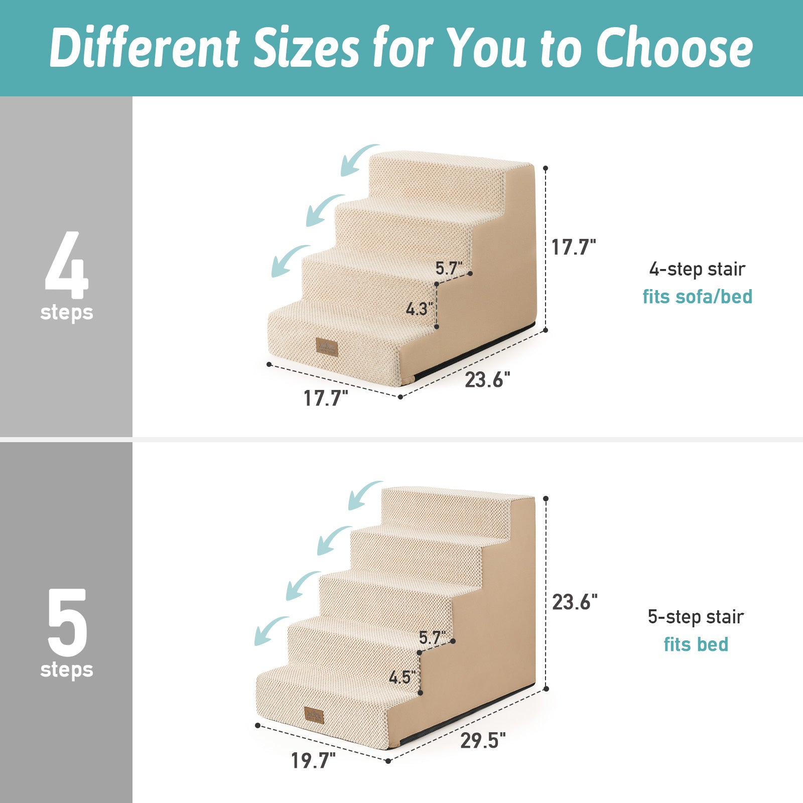 Size guide for Cozy Kiss 5-Step Extra Wide Right-Angle Pet Stairs, comparing 4-step and 5-step dimensions. #color_Beige