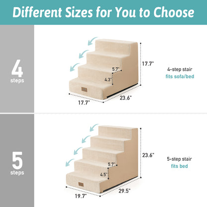 Size guide for Cozy Kiss 5-Step Extra Wide Right-Angle Pet Stairs, comparing 4-step and 5-step dimensions. #color_Beige