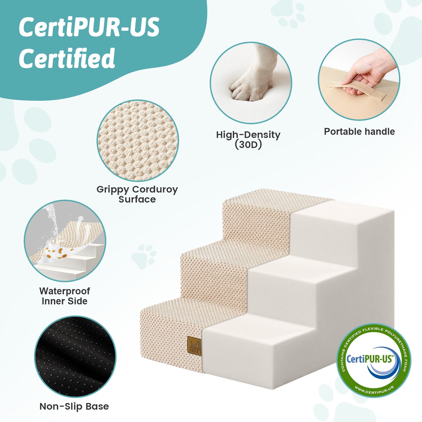 Cozy Kiss CertiPUR-US foam pet stairs with waterproof liner and non-slip base #color_Beige