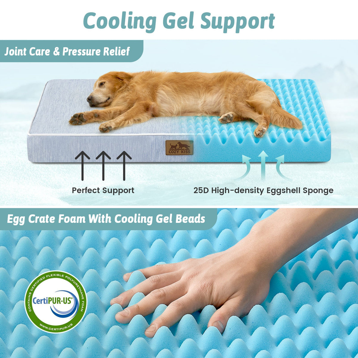 Dog lying on a cooling gel support pad with text highlighting features like joint care, pressure relief, and CertiPUR-US certification.