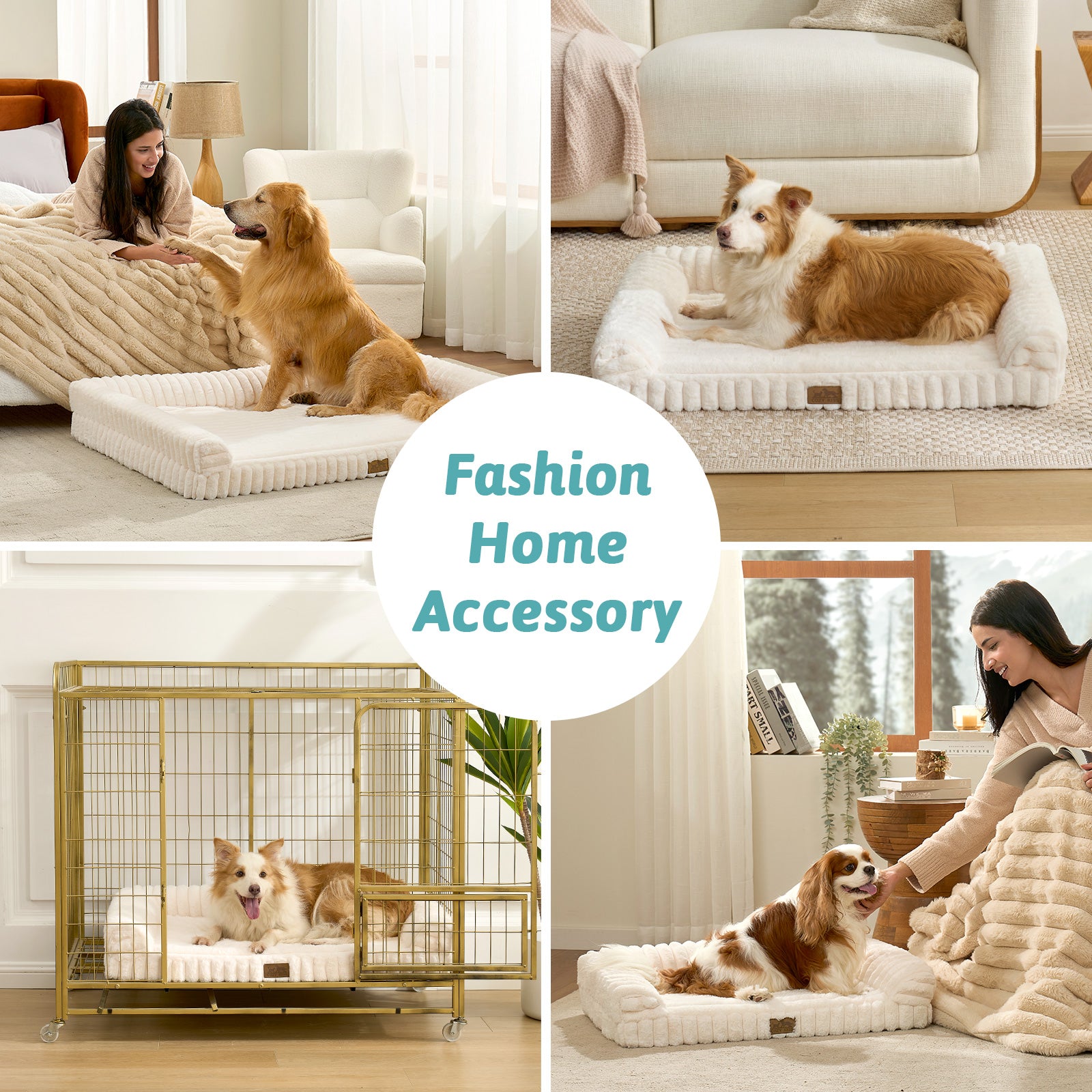 Cozy Kiss Striped Faux U-Shaped Washable Dog Bed shown in home, crate and resting scenes. #color_Cream