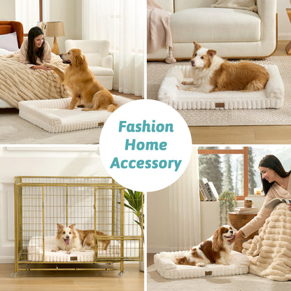 Cozy Kiss Striped Faux U-Shaped Washable Dog Bed shown in home, crate and resting scenes. #color_Cream