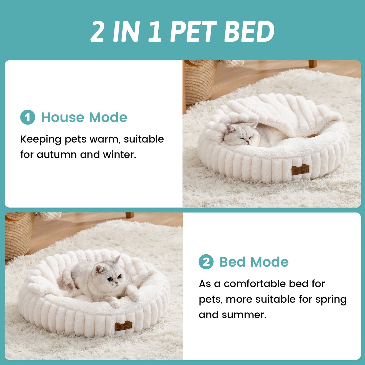 Cozy Kiss Striped Faux Calming Donut Pet Bed With Blanket 2 in 1 pet cave bed #color_Cream