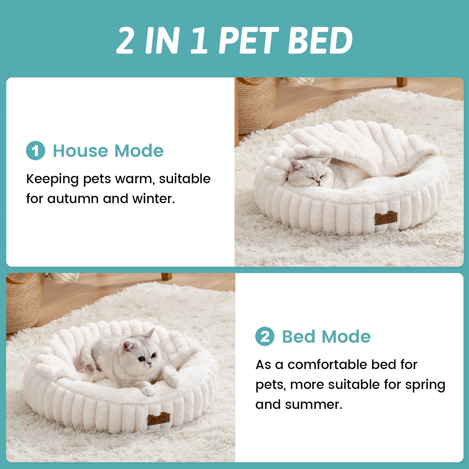 Cozy Kiss Striped Faux Calming Donut Pet Bed With Blanket 2 in 1 pet cave bed #color_Cream