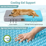 Dog lying on a cooling gel support pad with text highlighting features like joint care, pressure relief, and CertiPUR-US certification.