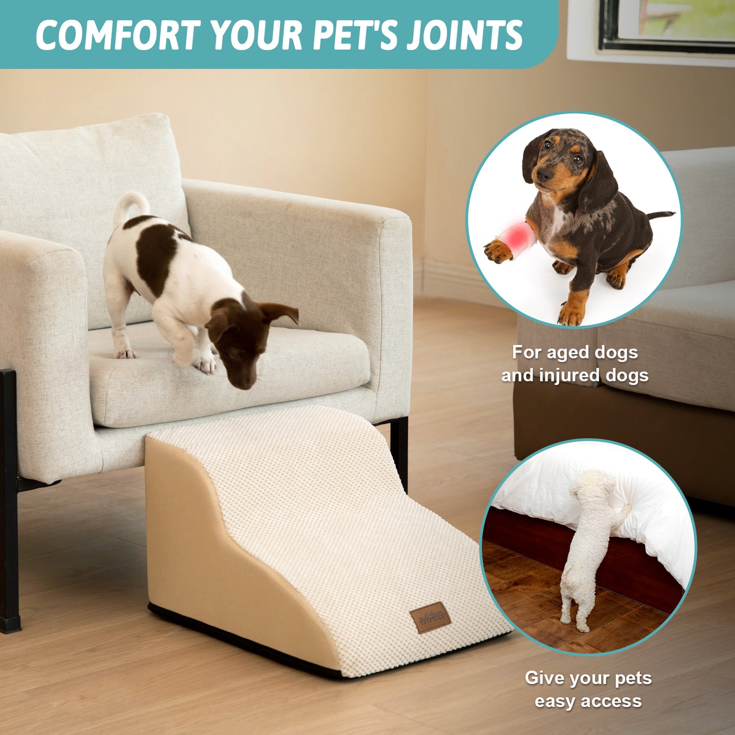 Lifestyle image of Cozy Kiss curved pet stairs supporting safer access for senior, injured, and small dogs while reducing joint stress #color_Beige