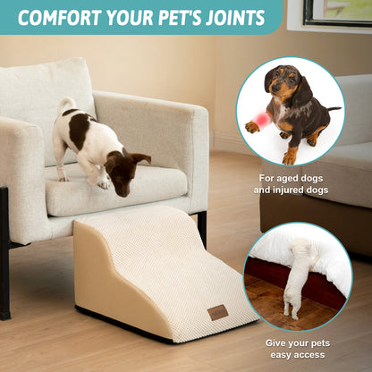 Lifestyle image of Cozy Kiss curved pet stairs supporting safer access for senior, injured, and small dogs while reducing joint stress #color_Beige