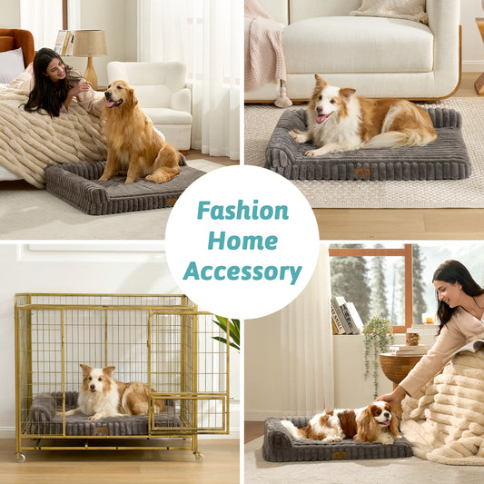 Lifestyle collage of the Cozy Kiss Striped Faux L-Shaped Washable Dog Bed used beside a bed, sofa, dog crate and indoors. 