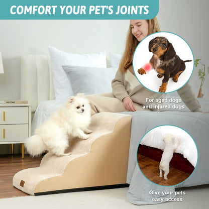 Lifestyle image of Cozy Kiss curved pet stairs supporting safer access for senior, injured, and small dogs while reducing joint stress #color_Beige