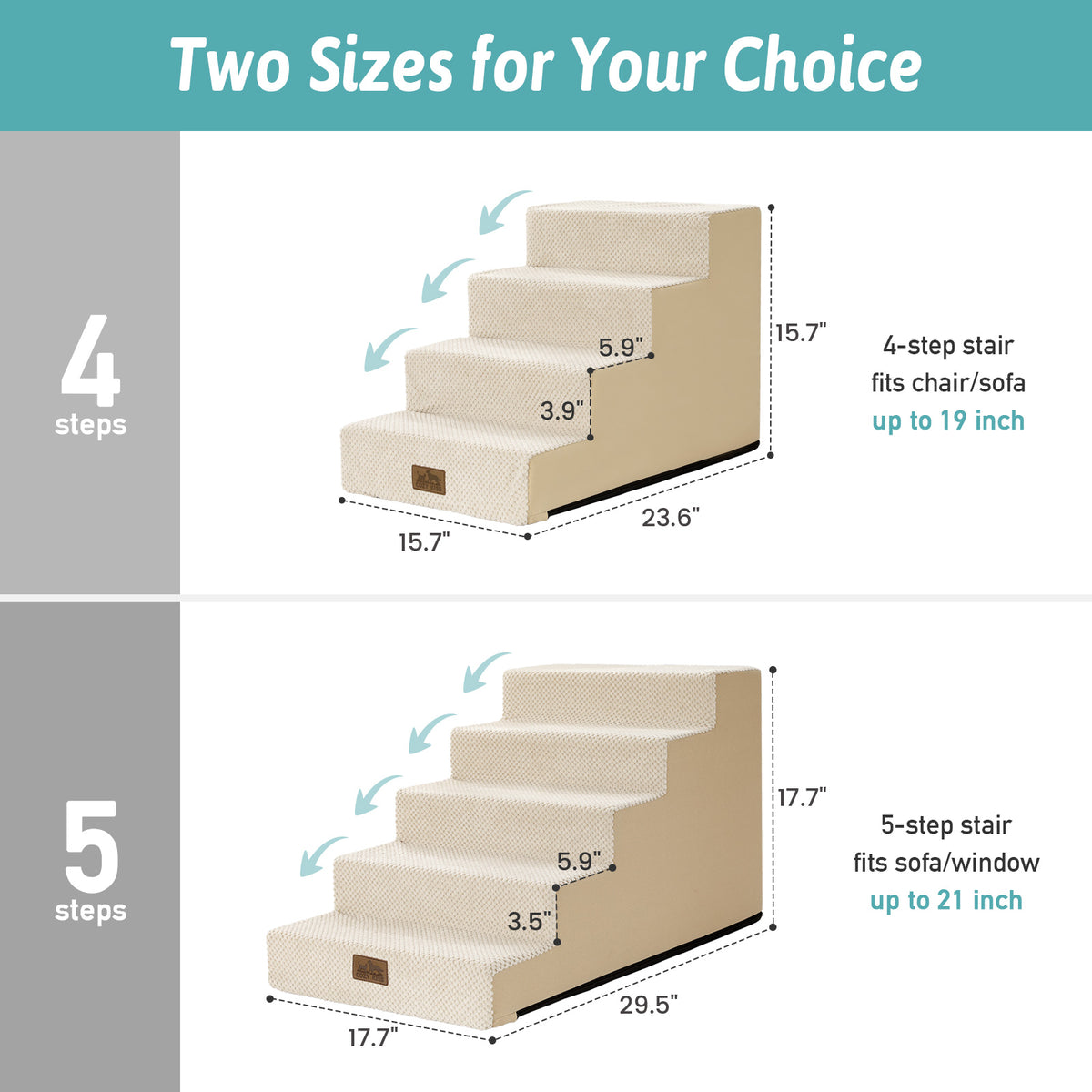 4-step, and 5-step Cozy Kiss Pet Stairs size comparison chart #color_Beige