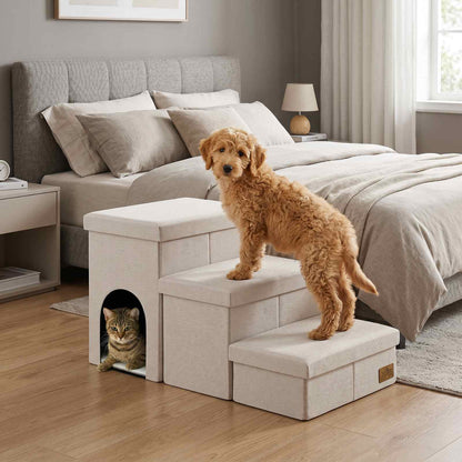 Cozy Kiss 3-Step Storage Pet Stairs with Play Condo beside bed with cat hideaway #color_Cream