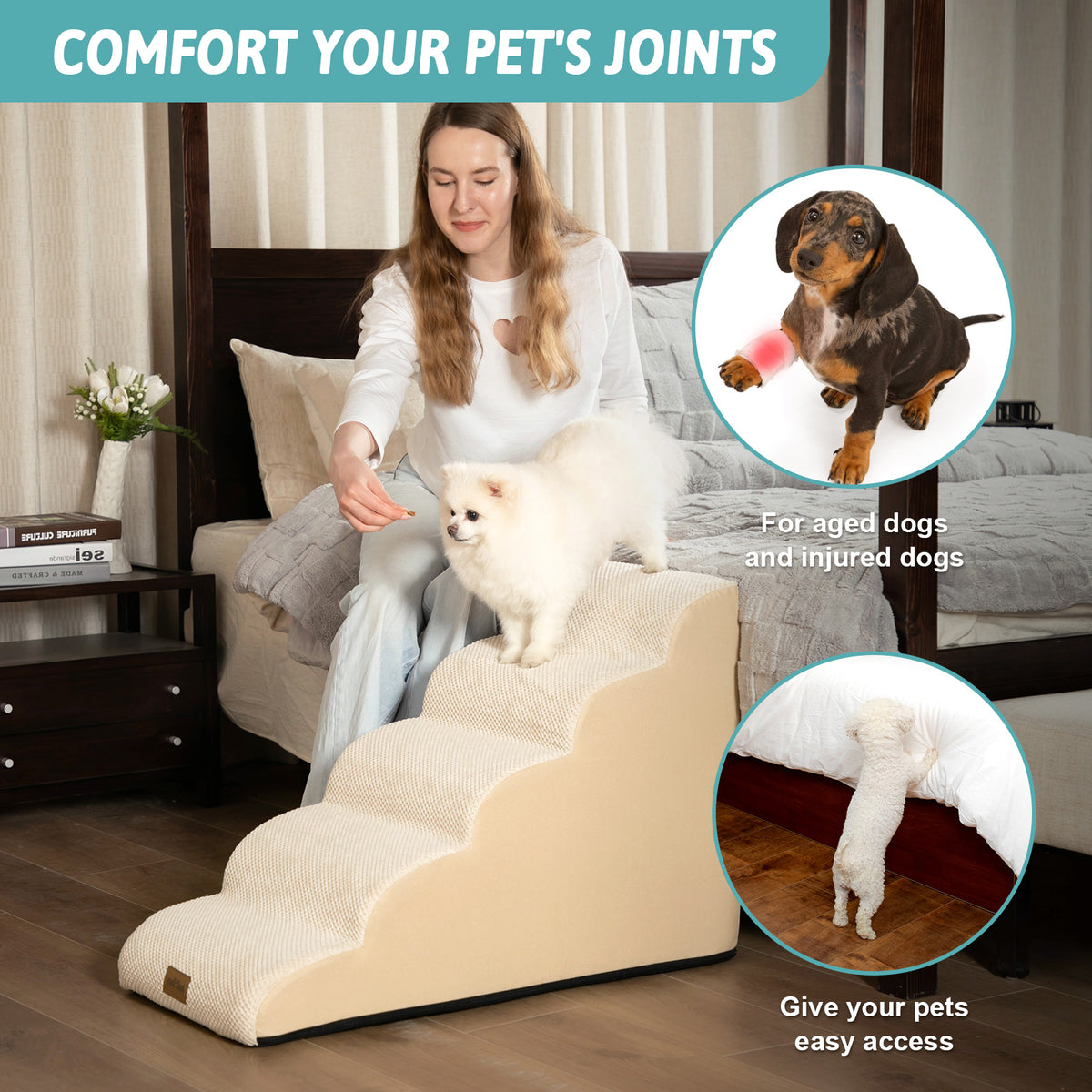 Lifestyle image of Cozy Kiss curved pet stairs supporting safer access for senior, injured, and small dogs while reducing joint stress 