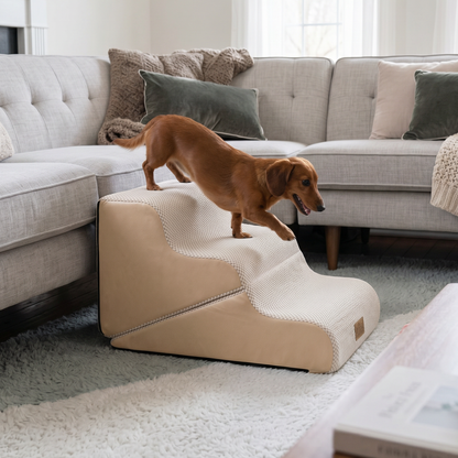 Cozy Kiss 3-Step 2-in-1 Pet Stairs with Ramp Mode beside sofa for easy pet access #color_Beige
