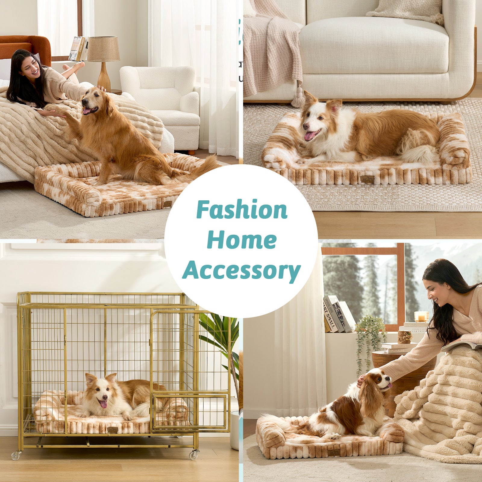 Cozy Kiss Striped Faux U-Shaped Washable Dog Bed shown in home, crate and resting scenes. #color_Tie-dye Brown