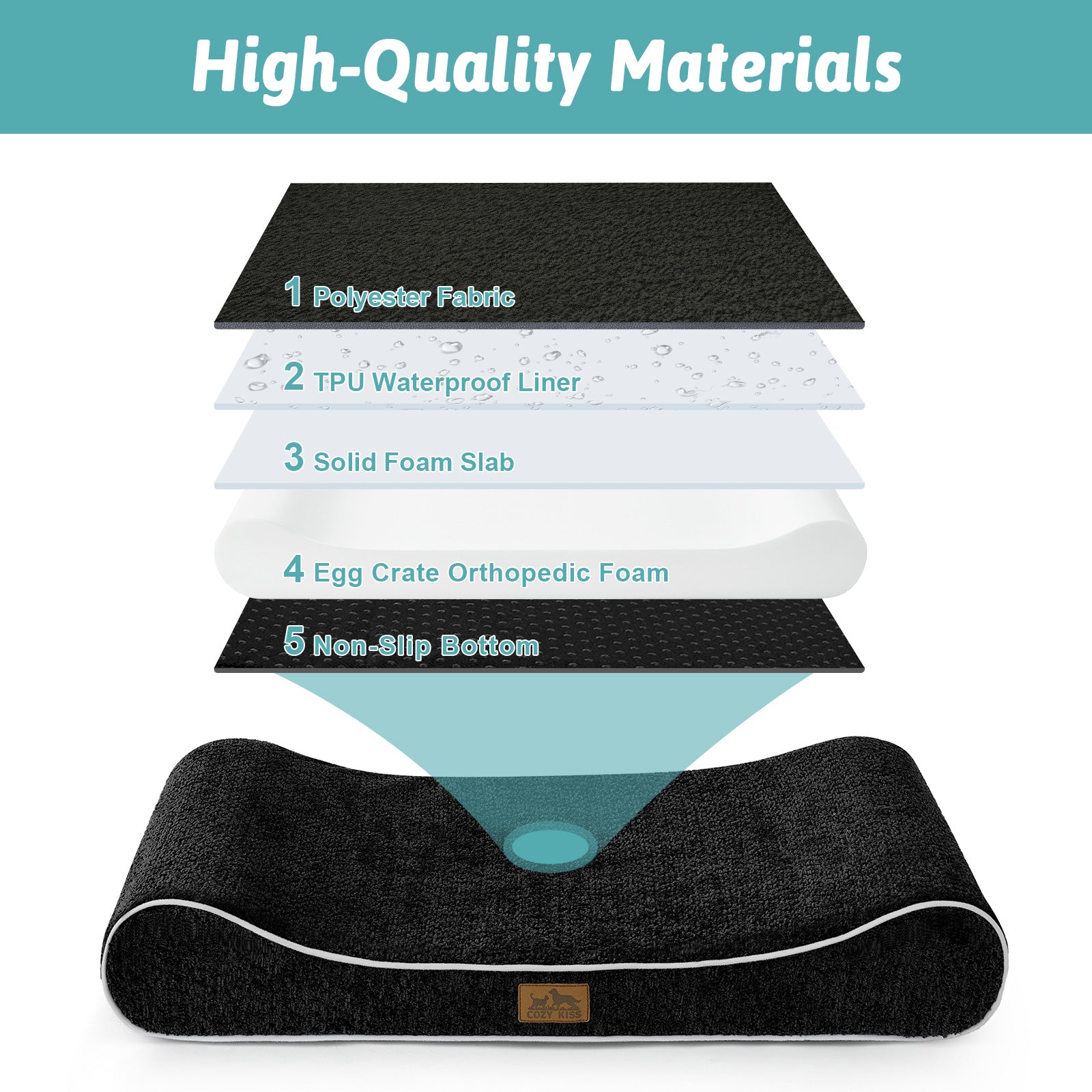 Cozy Kiss All Seasons Boat-Shaped Scratch-Resistant Dog Bed waterproof orthopedic foam with egg crate support system #color_Black